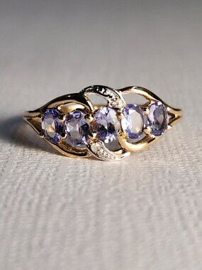 Queen VTG STS 14K Solid Gold Natural Tanzanite 5 Stone Diamond Accents Ring Sz 7